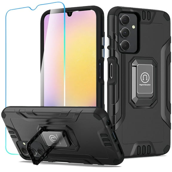 Designed for Samsung Galaxy A25 5G Tough Metallic Hybrid Ring Kicstand + Screen Protector, Military Grade Heavy Duty TPU Shockproof Rugged Phone Case Cover [Black]