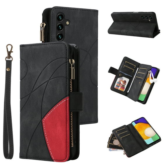 Designed for Samsung Galaxy A25 5G, Wallet Cases Zipper Leather Card Slot Flip Magnetic Phone Cover Compatible with Samsung Galaxy A25 5G Wrist Strap Kickstand Stand Purse,Black