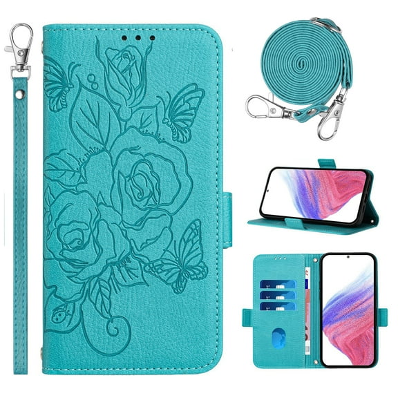 Designed for Samsung Galaxy A26 5G Case Wallet, Women Flip Folio Cover with Embossed PU Leather Stand Credit Card Holders Slots Wrist Strap + Shoulder Strap Phone Case, RFID Blocking, Blue