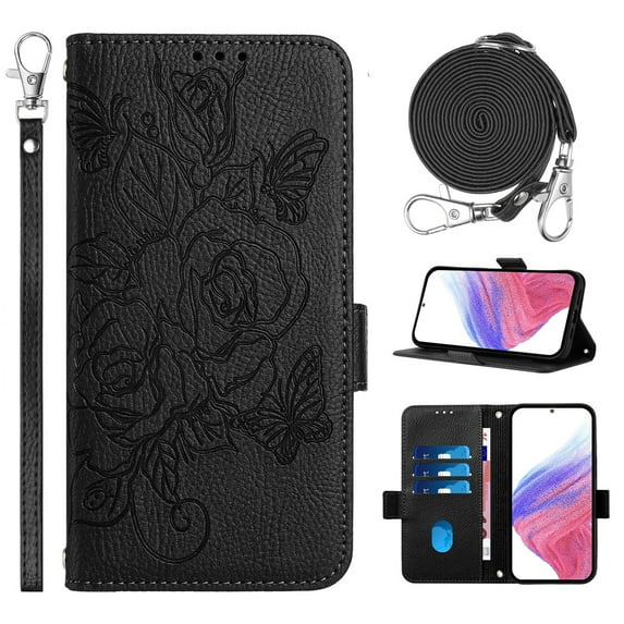Designed for Samsung Galaxy A26 5G Case Wallet, Women Flip Folio Cover with Embossed PU Leather Stand Credit Card Holders Slots Wrist Strap + Shoulder Strap Phone Case, RFID Blocking, Black