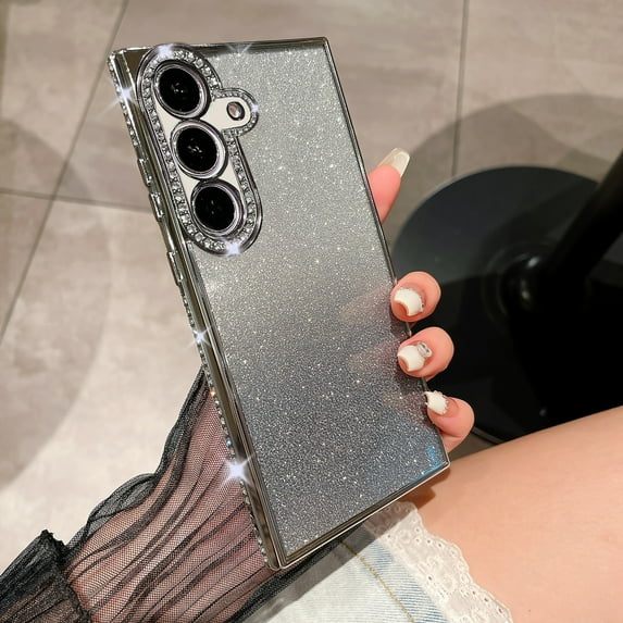 Designed for Samsung Galaxy A26 5G Glitter Case for Women Girls, Soft TPU Diamond Edge Plating Luxury Gradient Color Sparkly Shockproof Slim Bumper with Camera Protection Phone Cover,Silver