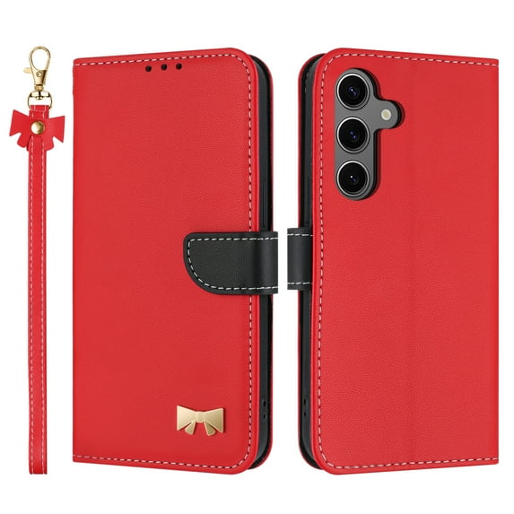 Designed for Samsung Galaxy A26 5G Wallet Phone Case,With Card Slots,Metal Bowknot PU Leather Flip Folio Kickstand,with Shoulder Strap&Wrist Strap,Shockproof Anti-fall Phone Case,Red