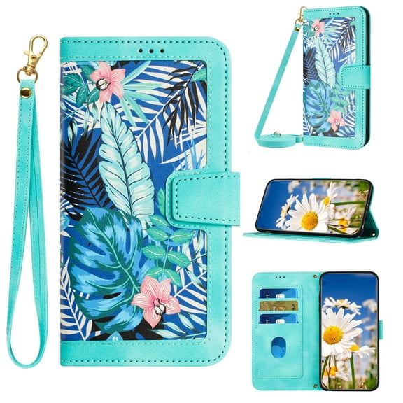 Designed for Samsung Galaxy A32 5G Wallet Case Cute for Women, Premium PU Leather Flip Kickstand Cover with Card Holder [Long Crossbody Strap + Short Wrist Lanyard] Magnetic Closure Case,Green