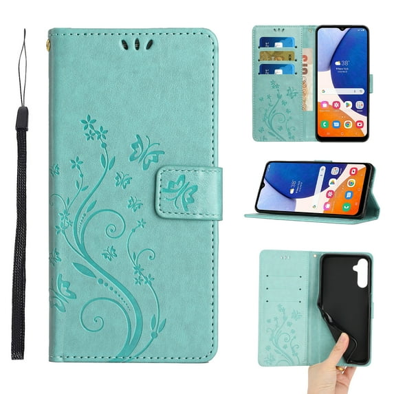 Designed for Samsung Galaxy A35 Case, Wrist Strap Flip Kickstand PU Leather Wallet Case Cash Card Slots Holder, Protective Shockproof Pattern Women Cover for Samsung Galaxy A35, Green