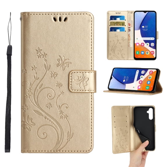 Designed for Samsung Galaxy A35 Case, Wrist Strap Flip Kickstand PU Leather Wallet Case Cash Card Slots Holder, Protective Shockproof Pattern Women Cover for Samsung Galaxy A35, Gold