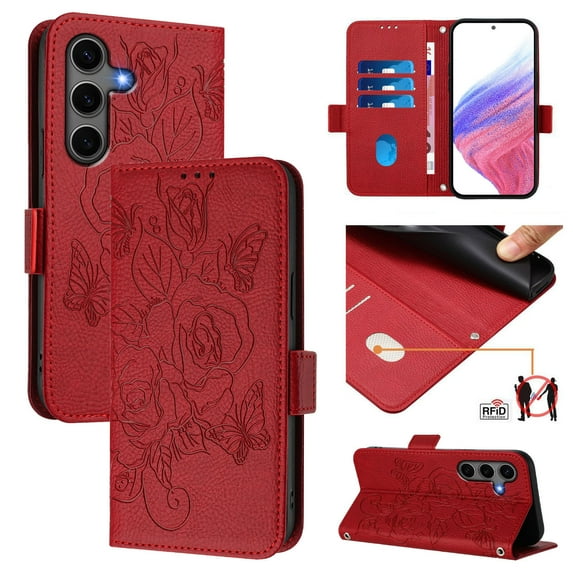 Designed For Samsung Galaxy A36 5G Flip Phone Case,Embossed Butterfly&Rose Designing,PU Leather Flip Folding Kickstand,Card Slots,With Shoulder Strap&Wrist Strap,Shockproof Wallet Case,Red