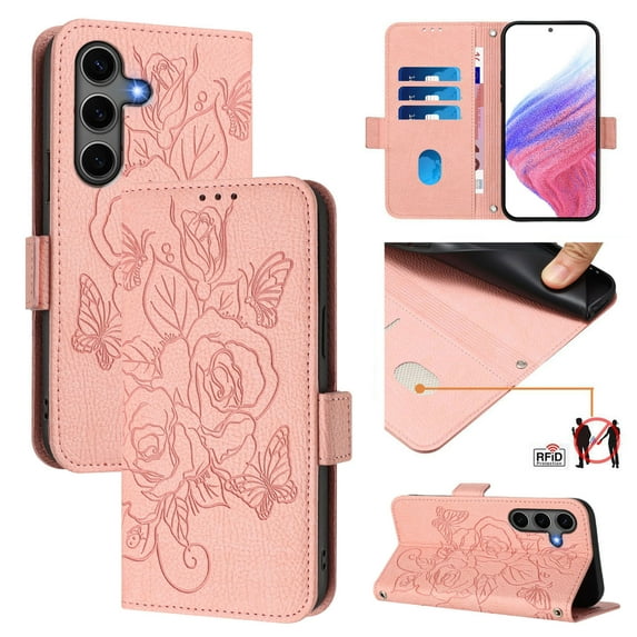 Designed For Samsung Galaxy A36 5G Flip Phone Case,Embossed Butterfly&Rose Designing,PU Leather Flip Folding Kickstand,Card Slots,With Shoulder Strap&Wrist Strap,Shockproof Wallet Case,Pink