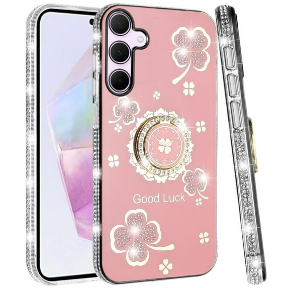 Designed for Samsung Galaxy A36 Diamonds Bling All Around Edges Sparkly Glitter Hybrid with Ring Stand Holder Fashion Good Luck Phone Case Cover - Pink