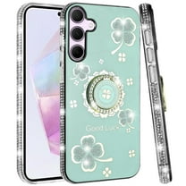 Designed for Samsung Galaxy A36 Diamonds Bling All Around Edges Sparkly Glitter Hybrid with Ring Stand Holder Fashion Good Luck Phone Case Cover - Teal
