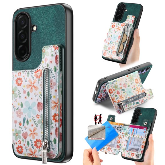 Designed for Samsung Galaxy A37, PU Leather Floral Pattern Card Slots Back Case, Zipper Storage Design Kickstand RFID Blocking Material Built-in Magnetic Car Mount Function Phone Cover, Green