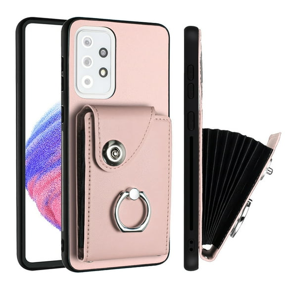 Designed for Samsung Galaxy A52 4G/5G Case Wallet Credit Card Holder with Rotation Finger Ring Kickstand, Hidden Pocket Anti-Scratch PU Leather Shockproof Protective Cover for Galaxy A52 4G/5G, Pink
