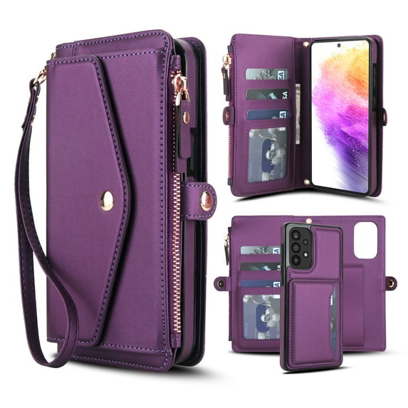 Designed for Samsung Galaxy A52 5G Multi-Function Wallet Phone Case,With Shoulder Strap&Wrist Strap,Cash Pocket&Card Slots,Zipper Purse,Magnetic Detachable PU Leather Flip Phone Case,Purple