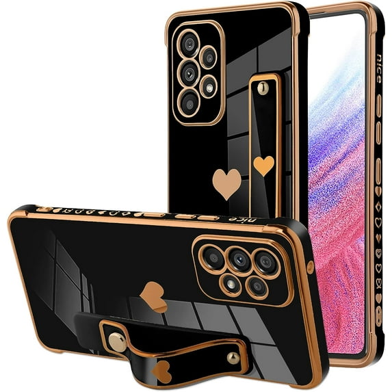 Designed for Samsung Galaxy A53 5G Case with Strap Luxury Love Heart Plating Gold Bumper Phone Cover Wristband Kickstand Full Body Protective Slim Case for Women - Black