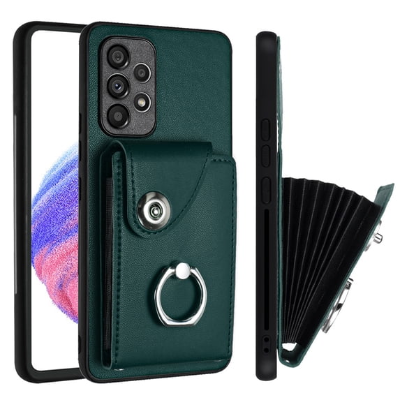 Designed for Samsung Galaxy A53 5G Case Wallet Credit Card Holder with Rotation Finger Ring Kickstand, Hidden Pocket Anti-Scratch PU Leather Shockproof Protective Cover for Galaxy A53 5G, Green