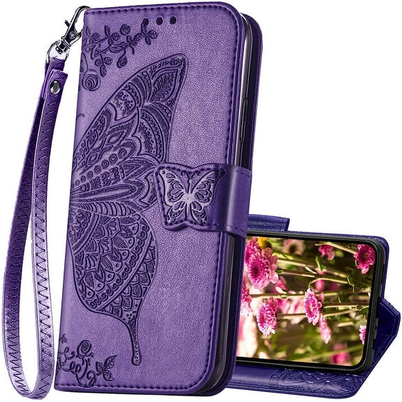 Designed for Samsung Galaxy A54 5G Case Wallet,Women Flip Folio Cover with Butterfly Emboss PU Leather Stand Credit Card Holders Slots Wrist Strap Protective Phone Case for Samsung A54 5G (Purple)