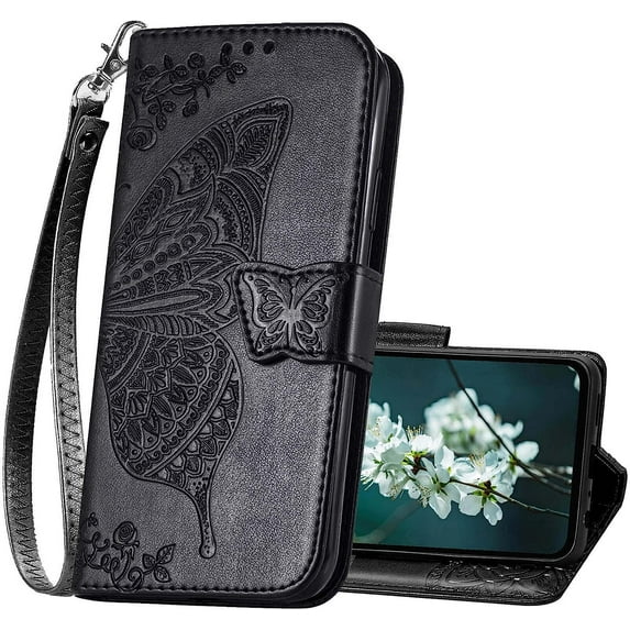 Designed for Samsung Galaxy A54 5G Case Wallet,Women Flip Folio Cover with Butterfly Emboss PU Leather Stand Credit Card Holders Slots Wrist Strap Protective Phone Case for Samsung A54 5G (Black)