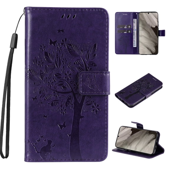 Designed for Samsung Galaxy A54 5G Case Wallet for Women, Flip Folio Cover with Embossed PU Leather Kickstand Credit Card Holder Magnetic Wrist Strap Protective Case for A54 5G, Purple