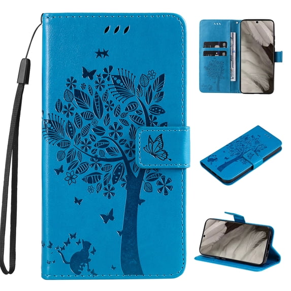 Designed for Samsung Galaxy A54 5G Case Wallet for Women, Flip Folio Cover with Embossed PU Leather Kickstand Credit Card Holder Magnetic Wrist Strap Protective Case for A54 5G, Blue