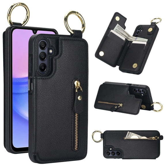Designed for Samsung Galaxy A54 5G PU Leather Back Case, Vintage Kickstand Card Slots Finger Ring Zipper Drop Protective Business Phone Cover Compatible with Samsung Galaxy A54 5G - Black