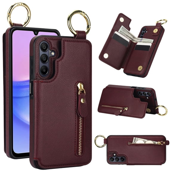 Designed for Samsung Galaxy A54 5G PU Leather Back Case, Vintage Kickstand Card Slots Finger Ring Zipper Drop Protective Business Phone Cover Compatible with Samsung Galaxy A54 5G - Jujubered