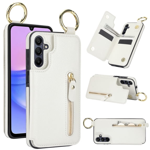 Designed for Samsung Galaxy A54 5G PU Leather Back Case, Vintage Kickstand Card Slots Finger Ring Zipper Drop Protective Business Phone Cover Compatible with Samsung Galaxy A54 5G - White