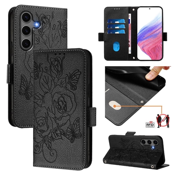 Designed For Samsung Galaxy A56 5G Flip Phone Case,Embossed Butterfly&Rose Designing,PU Leather Flip Folding Kickstand,Card Slots,With Shoulder Strap&Wrist Strap,Shockproof Wallet Case,Black