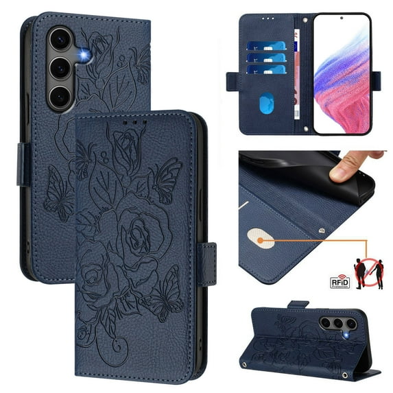Designed For Samsung Galaxy A56 5G Flip Phone Case,Embossed Butterfly&Rose Designing,PU Leather Flip Folding Kickstand,Card Slots,With Shoulder Strap&Wrist Strap,Shockproof Wallet Case,Darkblue