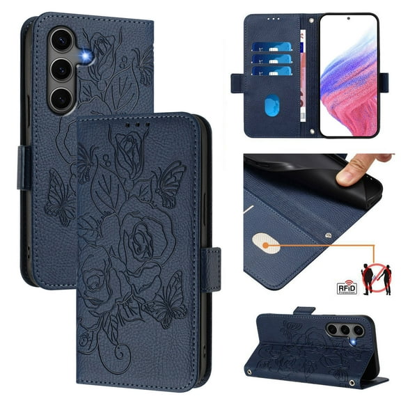 Designed For Samsung Galaxy A56 5G Flip Phone Case,Embossed Butterfly&Rose Designing,PU Leather Flip Folding Kickstand,Card Slots,With Shoulder Strap&Wrist Strap,Shockproof Wallet Case,Darkblue