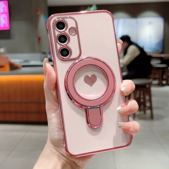 Designed for Samsung Galaxy A57 Case, Plating Frame Protective Ring Kickstand Holder Cute Side Heart Pattern Lightweight Shockproof Anti-Scratch Phone Case for Girls, Pink