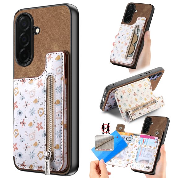Designed for Samsung Galaxy A57, PU Leather Floral Pattern Card Slots Back Case, Zipper Storage Design Kickstand RFID Blocking Material Built-in Magnetic Car Mount Function Phone Cover, Brown