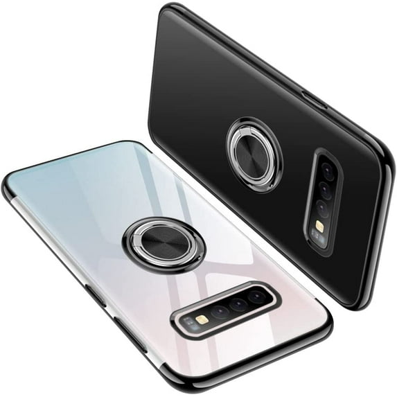 Designed for Samsung Galaxy S10 Plus / S10+ Case 6.4" Rotating Ring Holder Crystal Clear Back Shock-Absorption Electroplated Frame Soft TPU Bumper Cover Phone Case - Black