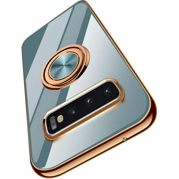 Designed for Samsung Galaxy S10 Plus / S10+ Case 6.4" Rotating Ring Holder Shock-Absorption Electroplated Frame Soft TPU Bumper Cover Phone Case - Gray
