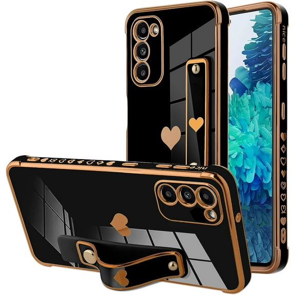 Designed for Samsung Galaxy S20 FE Case with Strap Luxury Love Heart Plating Gold Bumper Phone Cover Wristband Kickstand Full Body Protective Slim Case for Women - Black