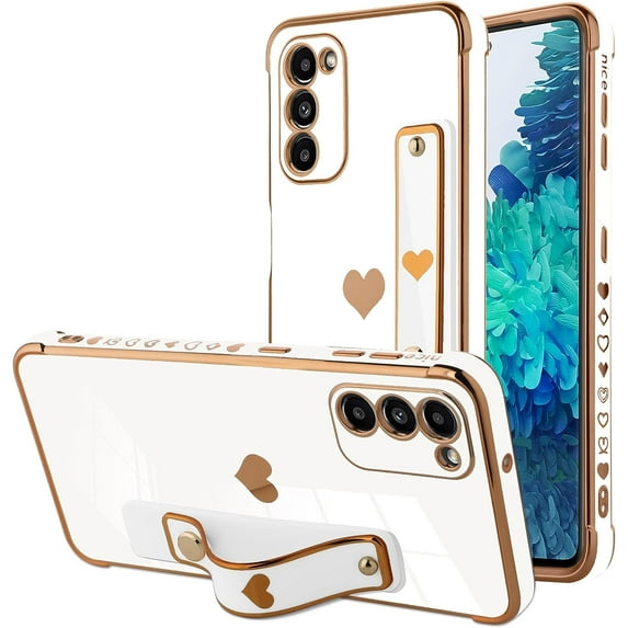 Designed for Samsung Galaxy S20 FE Case with Strap Luxury Love Heart Plating Gold Bumper Phone Cover Wristband Kickstand Full Body Protective Slim Case for Women - White