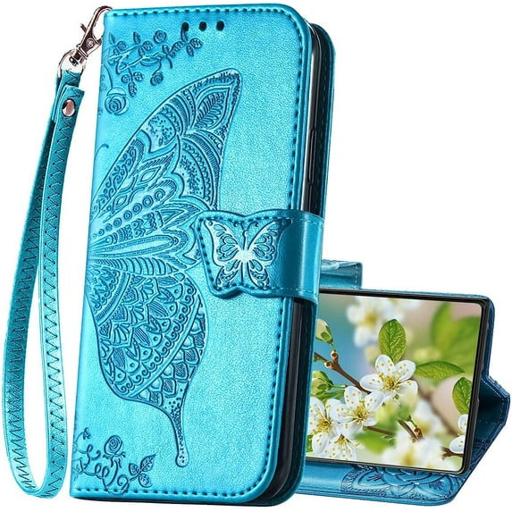 Designed for Samsung Galaxy S20 FE Case Wallet,Women Flip Cover with Butterfly Embossed PU Leather Kickstand Credit Card Holder Slots Magnetic Wrist Strap Phone Case for Samsung S20 FE 5G (Blue)