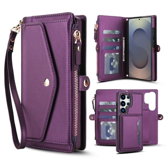 Designed for Samsung Galaxy S20 FE Multi-Function Wallet Phone Case,With Shoulder Strap&Wrist Strap,Cash Pocket&Card Slots,Zipper Purse,Magnetic Detachable PU Leather Flip Phone Case,Purple