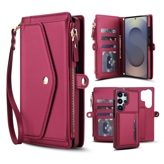 Designed for Samsung Galaxy S20+ Multi-Function Wallet Phone Case,With Shoulder Strap&Wrist Strap,Cash Pocket&Card Slots,Zipper Purse,Magnetic Detachable PU Leather Flip Phone Case,Red