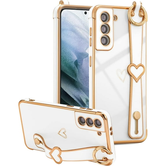 Designed for Samsung Galaxy S21 5G Case with Wristband,Plating Edge Love Hearts Pattern Hand Strap Finger Holder Kickstand Case,Soft Shockproof Cover for Girls Women,White