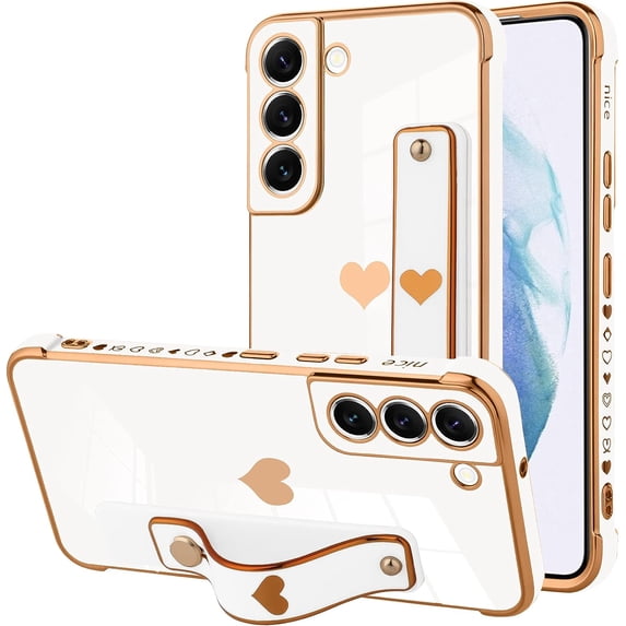Designed for Samsung Galaxy S21 Case with Strap Luxury Love Heart Plating Gold Bumper Phone Cover Wristband Kickstand Full Body Protective Slim Case for Women - White