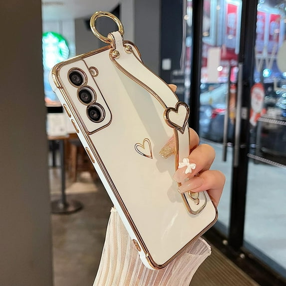 Designed for Samsung Galaxy S21 FE 5G Case with Wristband,Plating Edge Love Hearts Pattern Hand Strap Finger Holder Kickstand Case,Soft Shockproof Cover for Girls Women,White