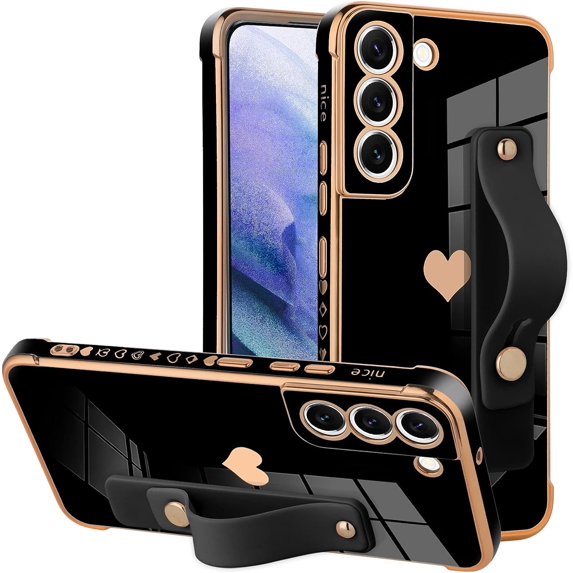 Designed for Samsung Galaxy S21 Plus 5G Case Black Love Hearts Design for Women Girl Men, Luxury Plating with Strap Stand Full Camera Lens Protection Bumper for Galaxy S21 Plus 5G