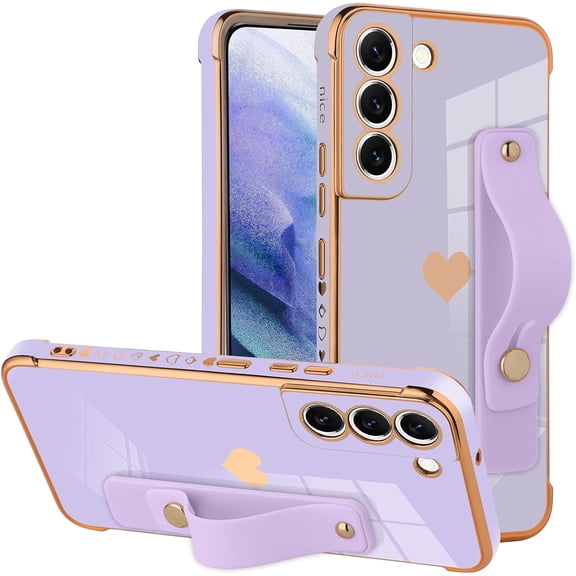 Designed for Samsung Galaxy S21 Plus 5G Case with Strap Stand Love Hearts Design for Women Girl, Plating with Wristband Kickstand Camera Lens Protection Bumper for Galaxy S21 Plus 5G-Purple