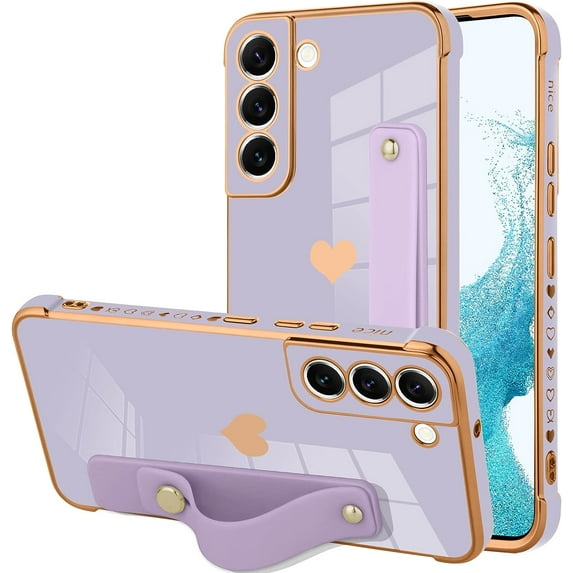 Designed for Samsung Galaxy S21 Plus Case with Strap Luxury Love Heart Plating Gold Bumper Phone Cover Wristband Kickstand Full Body Protective Slim Case for Women - Purple