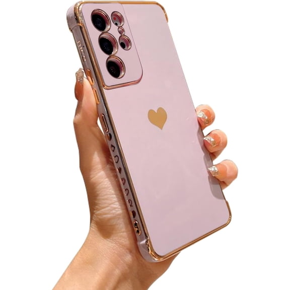 Designed for Samsung Galaxy S21 Ultra 5g Phone Case with Camera Protection,Luxury Love Heart Plated Phone Case,Soft Silicone Shockproof Bumper with Cute Small Love Heart Pattern (Purple)