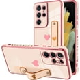 thumbnail image 1 of Designed for Samsung Galaxy S21 Ultra Case with Strap Luxury Love Heart Plating Gold Bumper Phone Cover Wristband Kickstand Full Body Protective Slim Case for Women - Pink, 1 of 9