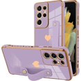 thumbnail image 1 of Designed for Samsung Galaxy S21 Ultra Case with Strap Luxury Love Heart Plating Gold Bumper Phone Cover Wristband Kickstand Full Body Protective Slim Case for Women-Purple, 1 of 10