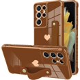 thumbnail image 1 of Designed for Samsung Galaxy S21 Ultra Case with Strap Luxury Love Heart Plating Gold Bumper Phone Cover Wristband Kickstand Full Body Protective Slim Case for Women-Brown, 1 of 10