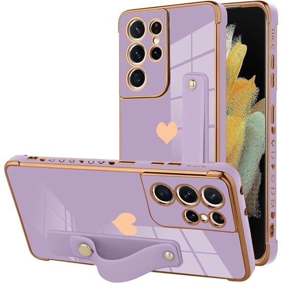 Designed for Samsung Galaxy S21 Ultra Case with Strap Luxury Love Heart Plating Gold Bumper Phone Cover Wristband Kickstand Full Body Protective Slim Case for Women-Purple