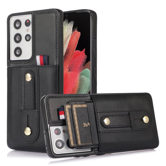 Designed for Samsung Galaxy S21 Ultra Wallet Case with Adjustable Wrist Strap Kickstand PU Leather Credit Card Holder Heavy Duty Shockproof Hybrid Rugged Protective Cover for Women Men 6.8",Black