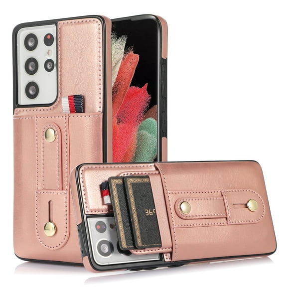 Designed for Samsung Galaxy S21 Ultra Wallet Case with Adjustable Wrist Strap Kickstand PU Leather Credit Card Holder Heavy Duty Shockproof Hybrid Rugged Protective Cover for Women Men 6.8",Rosegold